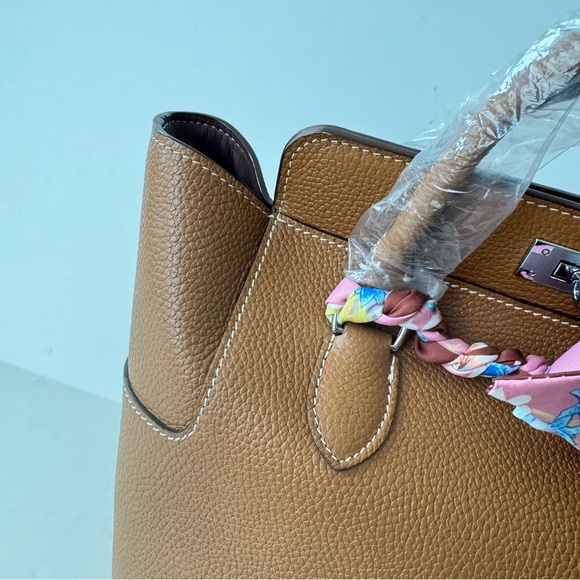 LEATHER INSIDE & OUT | Gold Brown Toolbox Bag Convertible Top Handle Satchel - Picture 3 of 13